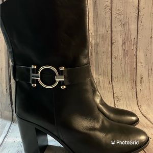 Napoleoni Vitello, leather, mid-shaft boots, almond toe, gold hardware. Sz 9 1/2